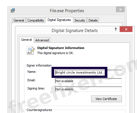 Screenshot of the Bright circle investments Ltd. certificate